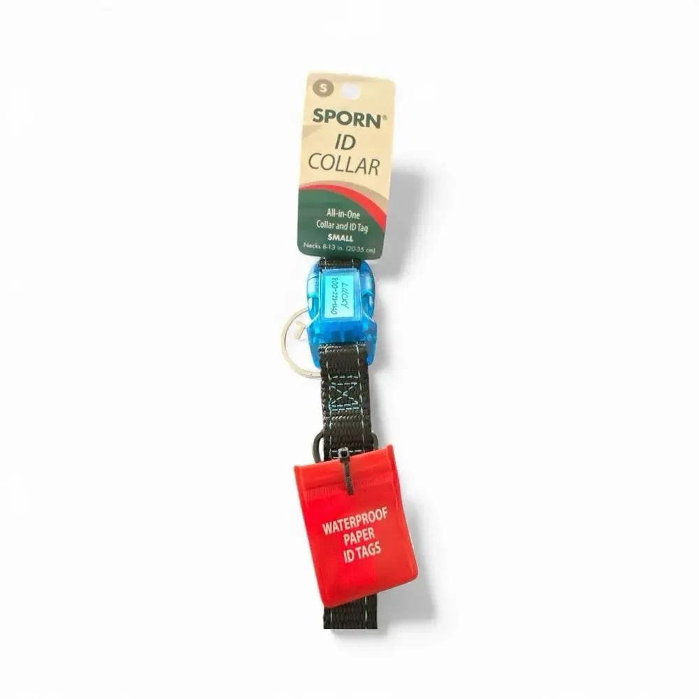 Sporn Dog ID Collar Small All In One Black Blu Waterproof Adjustable Neck 8-13”